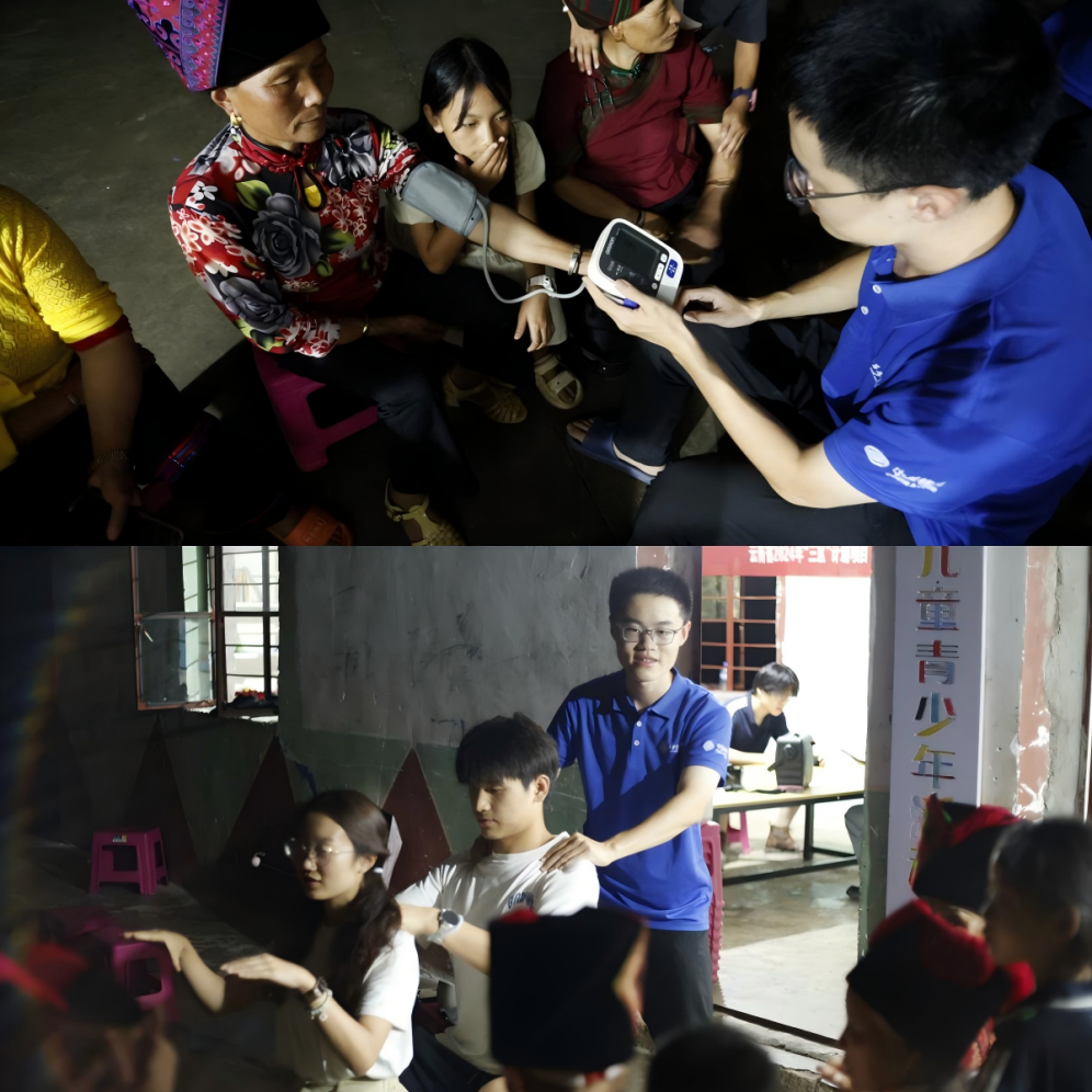 3-团队成员为老人量血压并讲解按摩方法